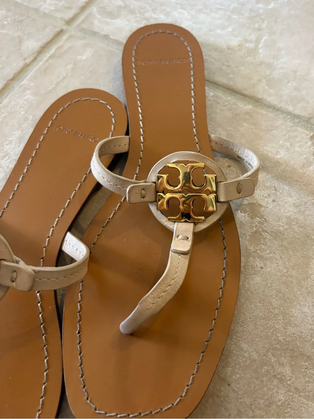 Tory Burch Gold Logo Ivory Leather Thong Sandals